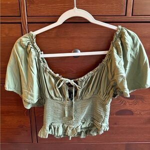 Green Smocked Off-Shoulder Top